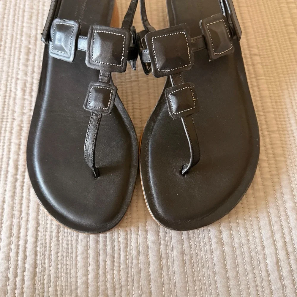 NEW Corcione dal 1925 Women Black Leather TStrap Slingback Sandals Italy Size 39